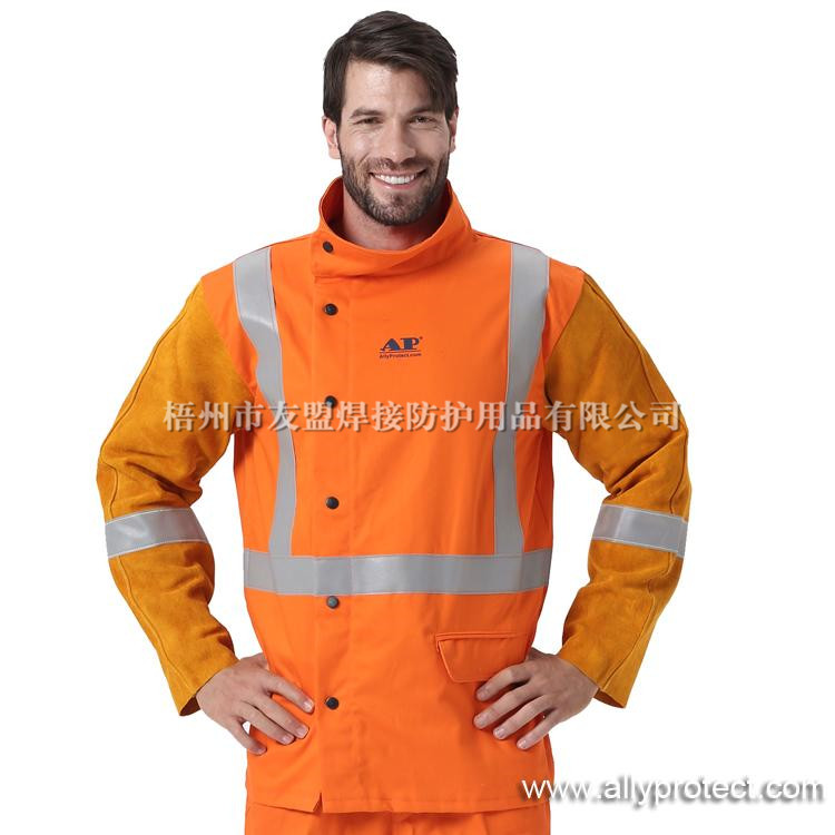 AP-2730 橙色防火布配金黃皮袖焊服-帶反光條